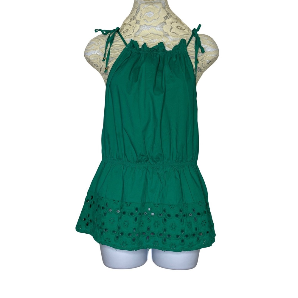 Halston Halter Top Green Eyelet Embroidered Elastic Waist Sleeveless Sz Small